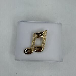 Gold Tone Musical Note Brooch With Rhinestones Unmarked Music, Beauty, Accessory